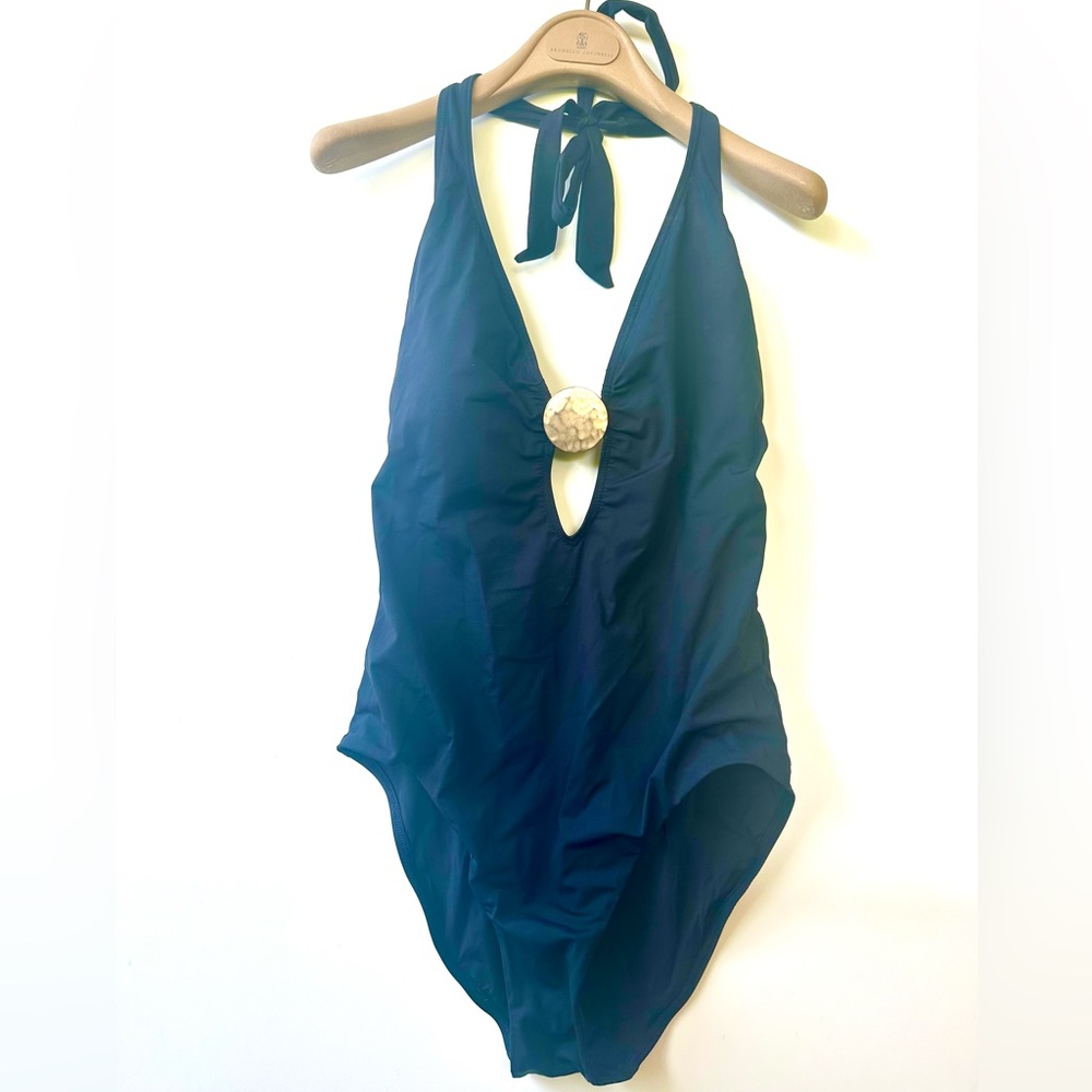 EUC Givenchy Black One Piece Halter Tie Open Back
Swimsuit with Gold Accent, L